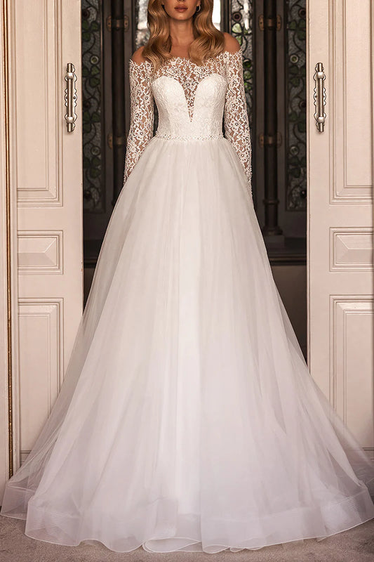 Romantic A-Line Off-The-Shoulder Long-Sleeve Open-Back Train-Length Wedding Dress