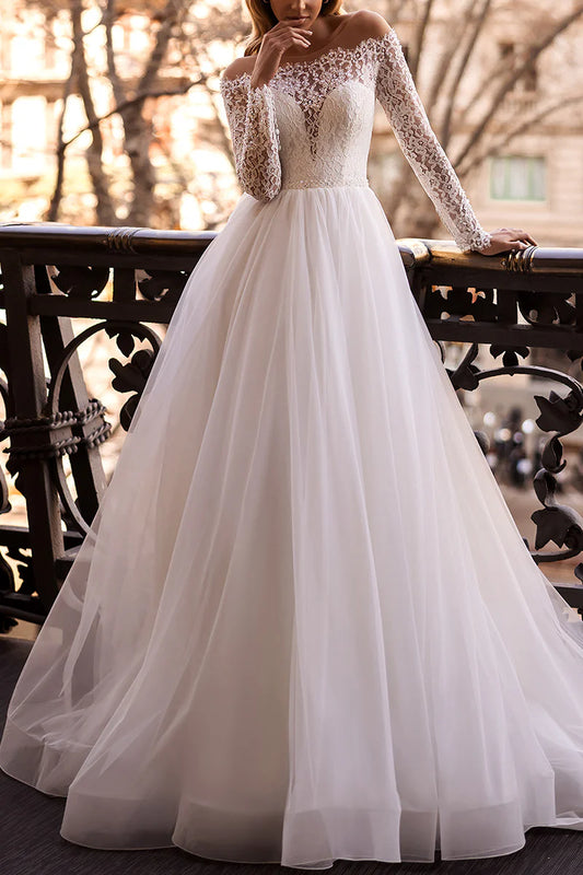 Romantic A-Line Off-The-Shoulder Long-Sleeve Open-Back Train-Length Wedding Dress