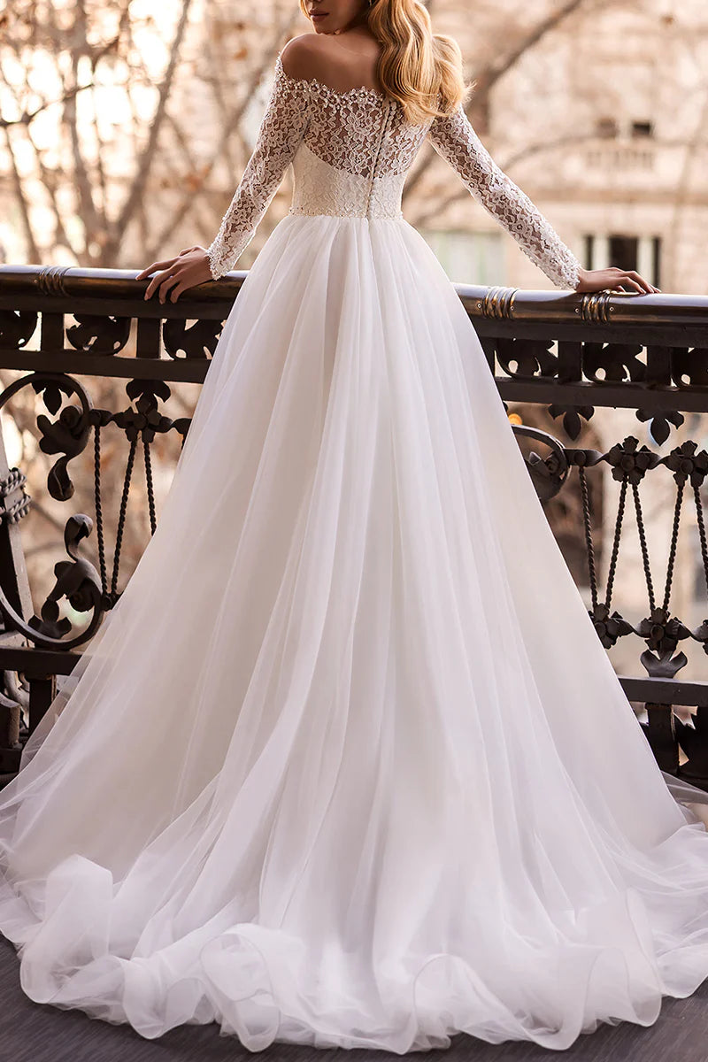 Romantic A-Line Off-The-Shoulder Long-Sleeve Open-Back Train-Length Wedding Dress