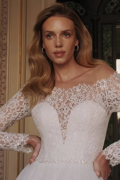 Romantic A-Line Off-The-Shoulder Long-Sleeve Open-Back Train-Length Wedding Dress