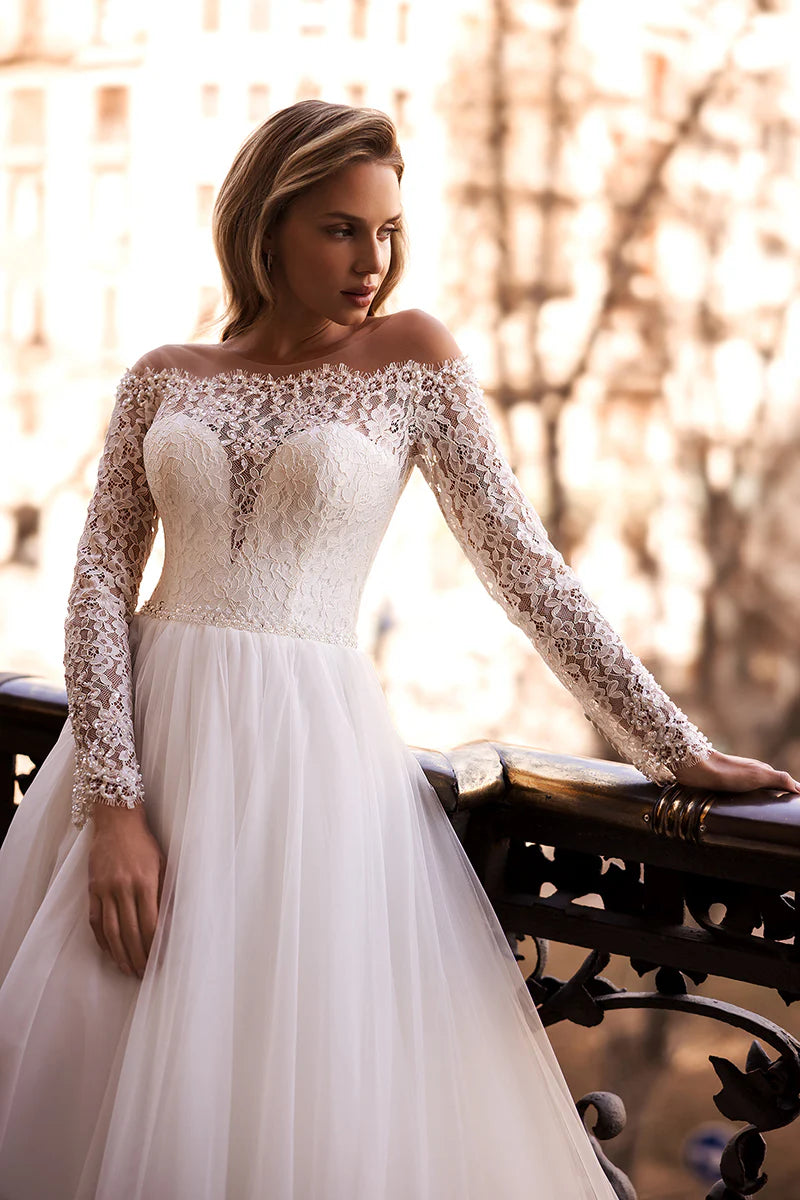Romantic A-Line Off-The-Shoulder Long-Sleeve Open-Back Train-Length Wedding Dress