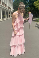 Romantic A-Line One-Shoulder Crisscross-Back Tiered-Ruffle Maxi Evening Dress