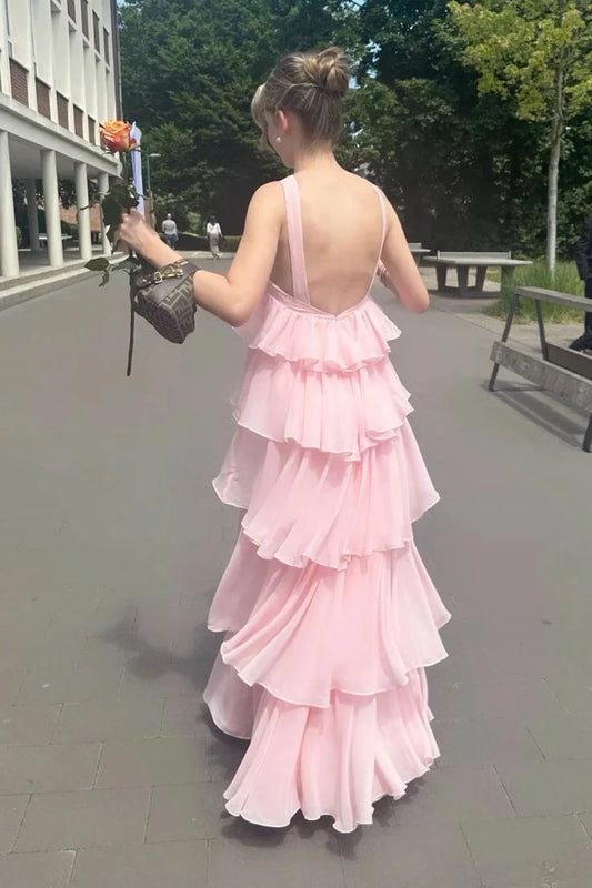Romantic A-Line One-Shoulder Crisscross-Back Tiered-Ruffle Maxi Evening Dress