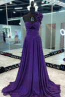 Romantic A-Line One Shoulder Floral Strap Cutout Back Sweep Train Purple Shimmer Evening Dresses