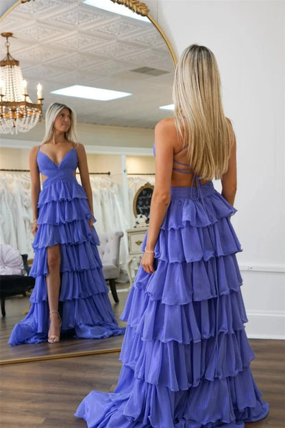 Romantic A-Line Plunge-Neck Spaghetti-Strap Cutout-Back High-Slit Train Evening Dress