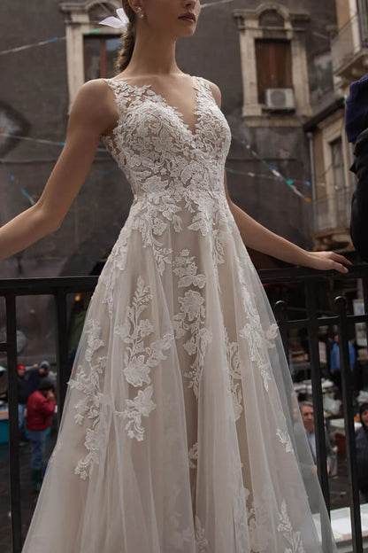 Romantic A-Line Plunge-V Neck Sleeveless Open Back Train Length Wedding Dress