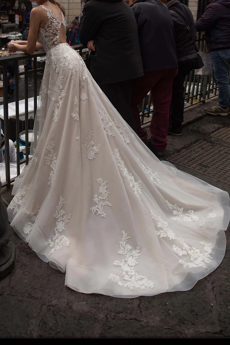 Romantic A-Line Plunge-V Neck Sleeveless Open Back Train Length Wedding Dress