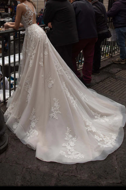 Romantic A-Line Plunge-V Neck Sleeveless Open Back Train Length Wedding Dress