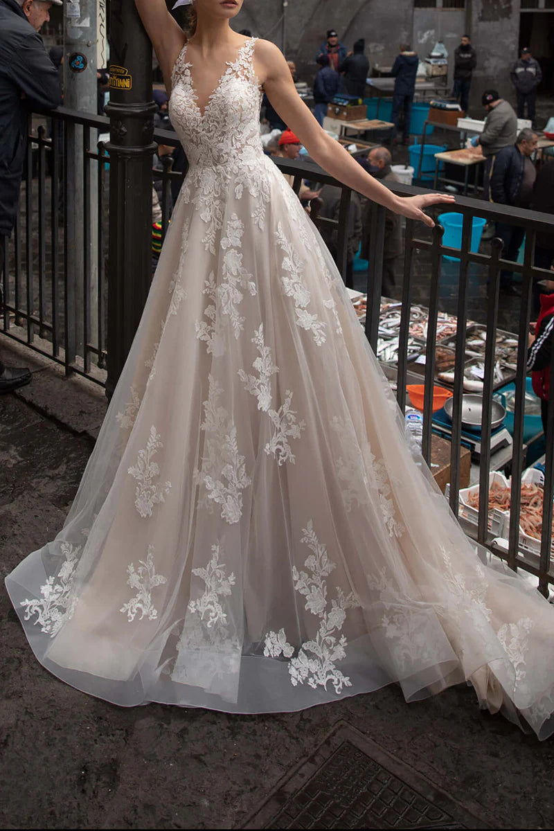 Romantic A-Line Plunge-V Neck Sleeveless Open Back Train Length Wedding Dress