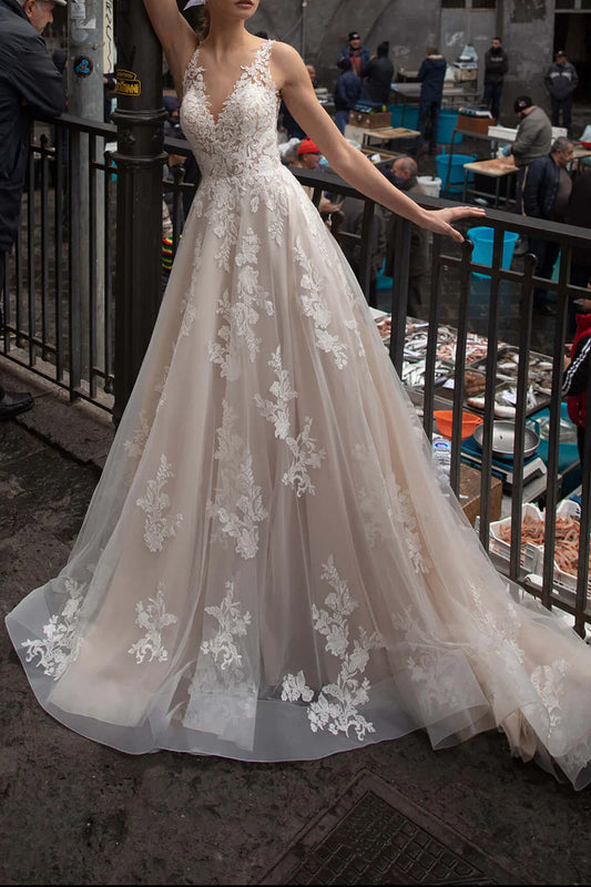 Romantic A-Line Plunge-V Neck Sleeveless Open Back Train Length Wedding Dress