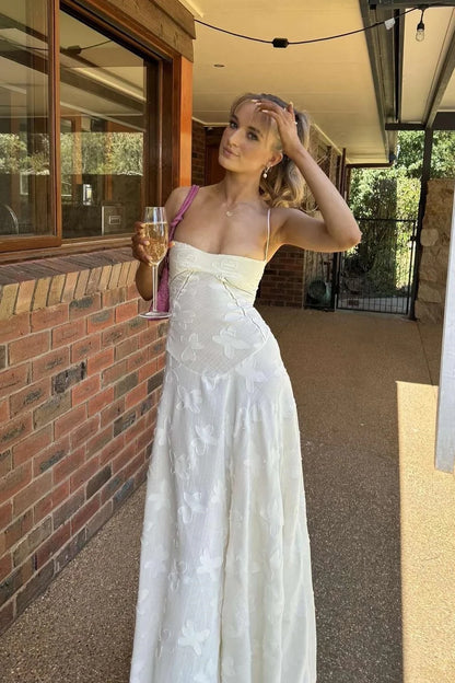 Romantic A-Line Spaghetti-Strap Lace-Up-Back Floral-Embossed Maxi Evening Dress