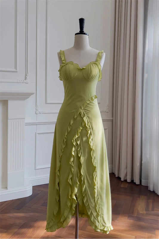 Romantic A-Line Spaghetti Strap Sweetheart Backless Ruffle Midi Evening Dresses