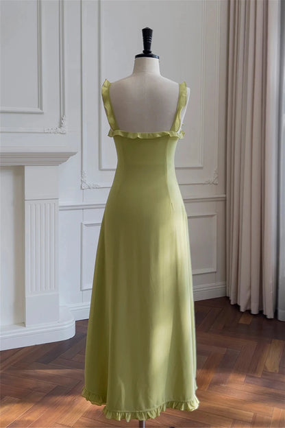 Romantic A-Line Spaghetti Strap Sweetheart Backless Ruffle Midi Evening Dresses