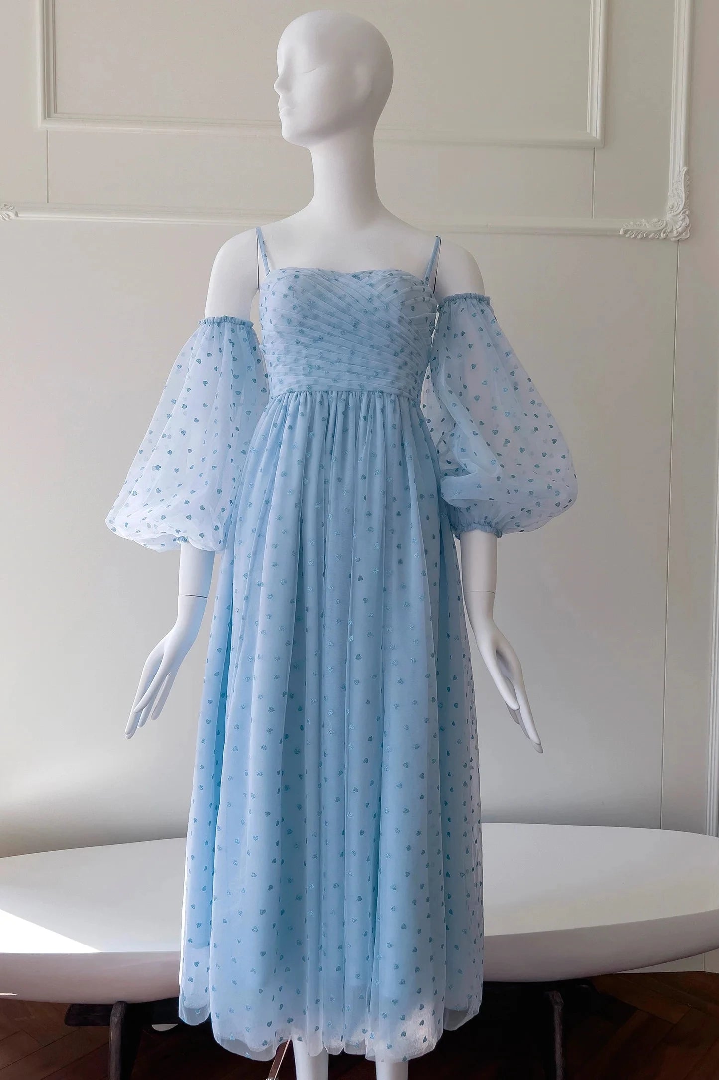 Romantic A-Line Square Neck Puffed Off-the-Shoulder Sleeves Open Back Midi-Length Light Blue Heart Tulle Evening Dresses