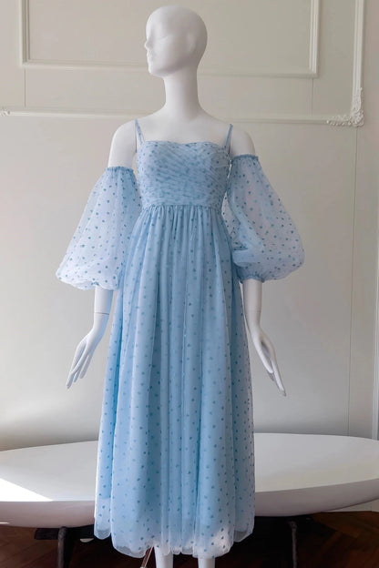 Romantic A-Line Square Neck Puffed Off-the-Shoulder Sleeves Open Back Midi-Length Light Blue Heart Tulle Evening Dresses