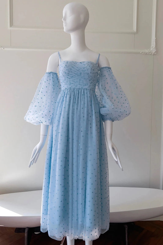 Romantic A-Line Square Neck Puffed Off-the-Shoulder Sleeves Open Back Midi-Length Light Blue Heart Tulle Evening Dresses