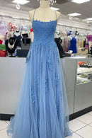 Romantic A-Line Square Neck Spaghetti Straps Lace Up Back Sweep Train Sky Blue Floral Tulle Evening Dresses