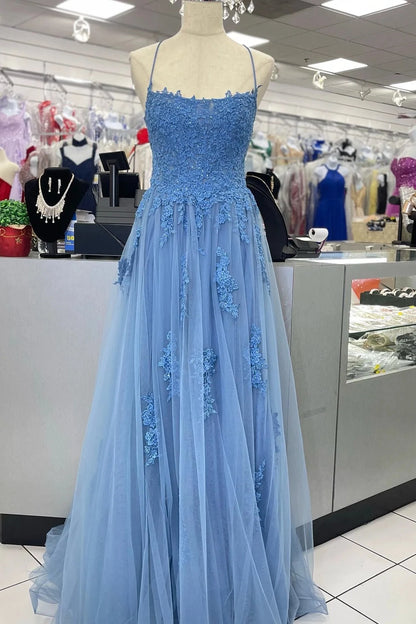 Romantic A-Line Square Neck Spaghetti Straps Lace Up Back Sweep Train Sky Blue Floral Tulle Evening Dresses