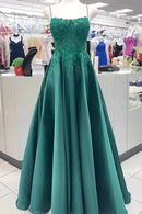 Romantic A-Line Square Neck Spaghetti Straps Open Back Floor-Length Emerald Green Lace Satin Evening Dresses