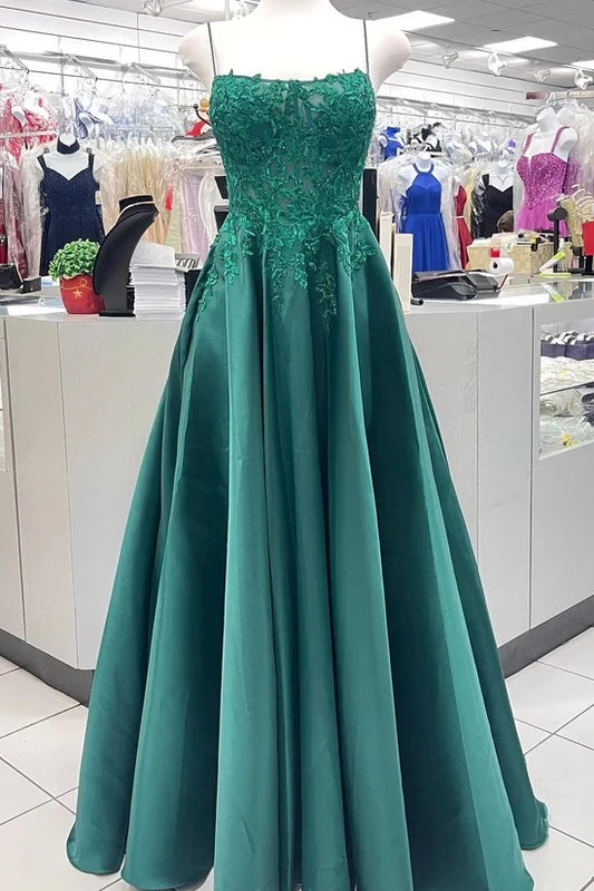Romantic A-Line Square Neck Spaghetti Straps Open Back Floor-Length Emerald Green Lace Satin Evening Dresses