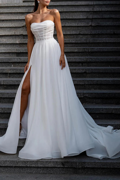 Romantic A-Line Strapless Sleeveless Bow Back Train Length Wedding Dress