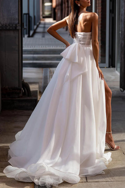 Romantic A-Line Strapless Sleeveless Bow Back Train Length Wedding Dress