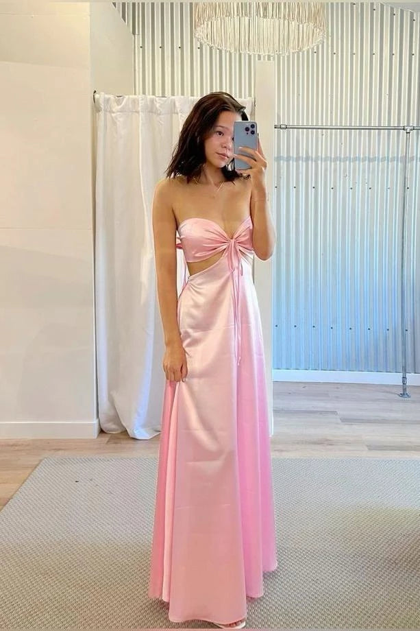 Romantic A-Line Strapless Sweetheart Cutout-Back Tie-Back Maxi Evening Dress