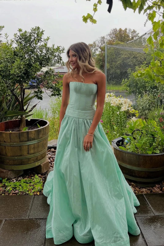 Romantic A-Line Strapless Sweetheart Sleeveless Open Back Floor-Length Mint Green Taffeta Evening Dresses