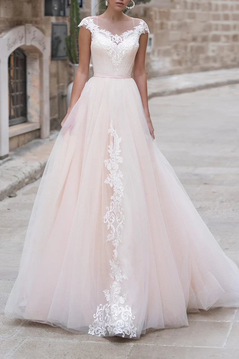 Romantic A-Line Sweetheart Cap-Sleeve Crisscross-Back Chapel Train Wedding Dress