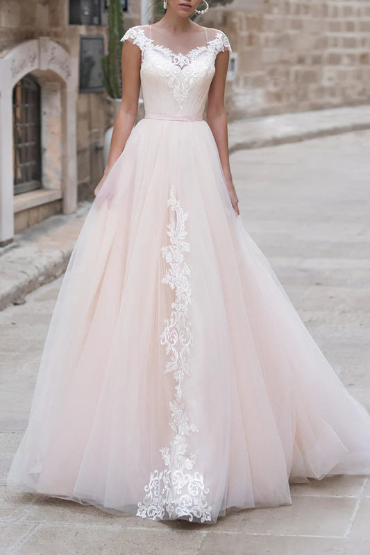 Romantic A-Line Sweetheart Cap-Sleeve Crisscross-Back Chapel Train Wedding Dress