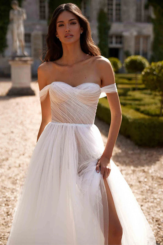 Romantic A-Line Sweetheart Detachable Off Shoulder Lace Up Back Train Length Wedding Dress