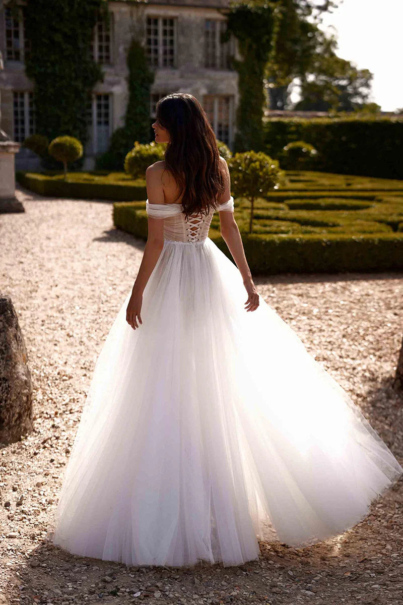 Romantic A-Line Sweetheart Detachable Off Shoulder Lace Up Back Train Length Wedding Dress