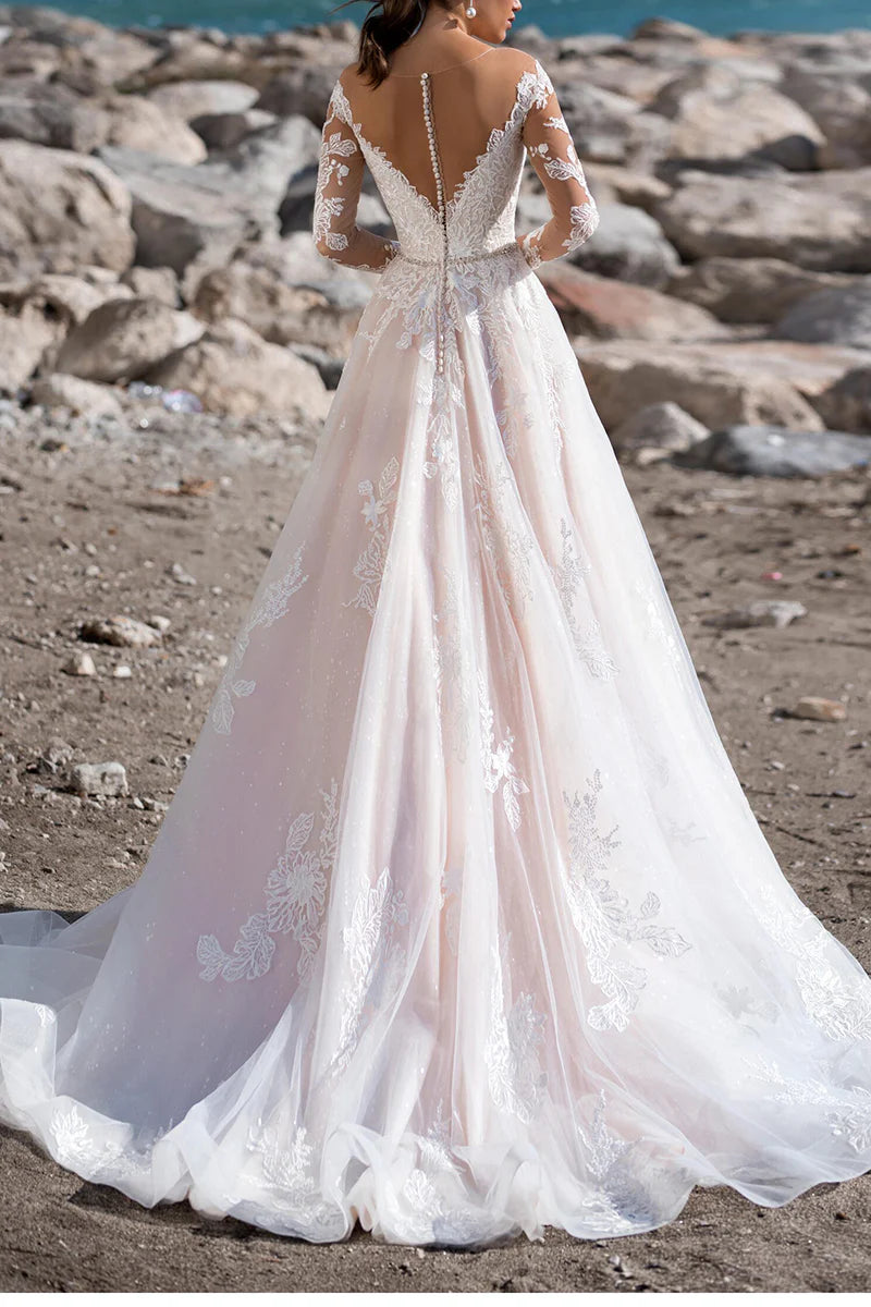 Romantic A-Line Sweetheart Long-Sleeve Sheer-Back Chapel Train Wedding Dress