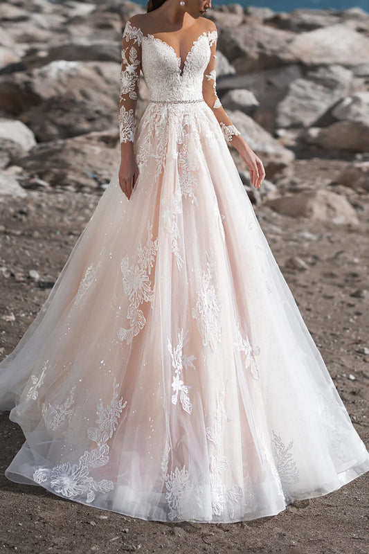 Romantic A-Line Sweetheart Long-Sleeve Sheer-Back Chapel Train Wedding Dress