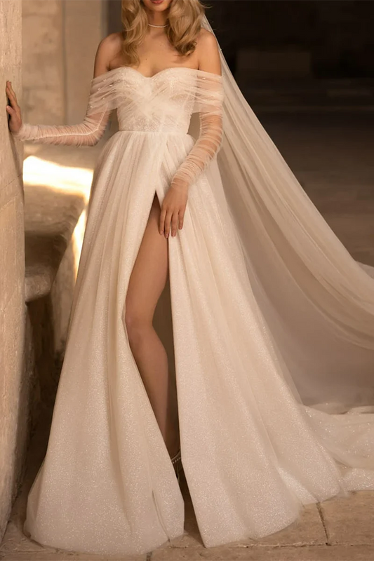 Romantic A-Line Sweetheart Off-Shoulder Open-Back Train-Length Wedding Dress