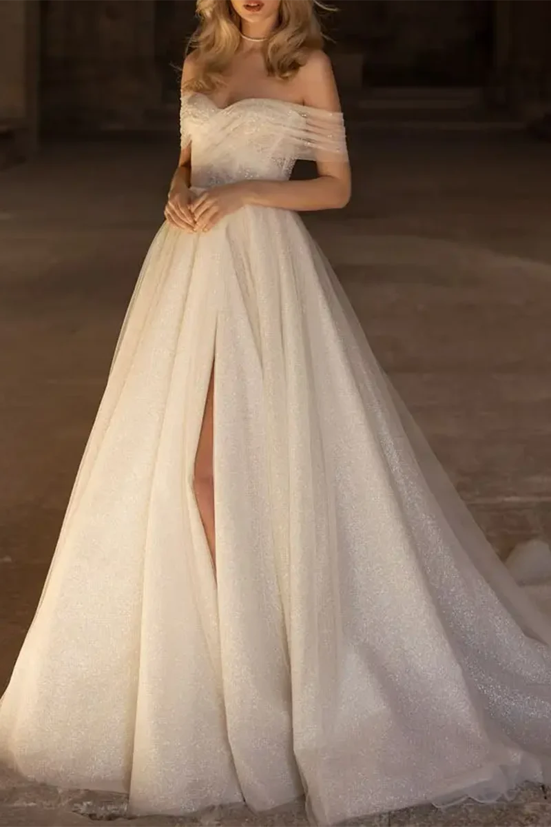 Romantic A-Line Sweetheart Off-Shoulder Open-Back Train-Length Wedding Dress