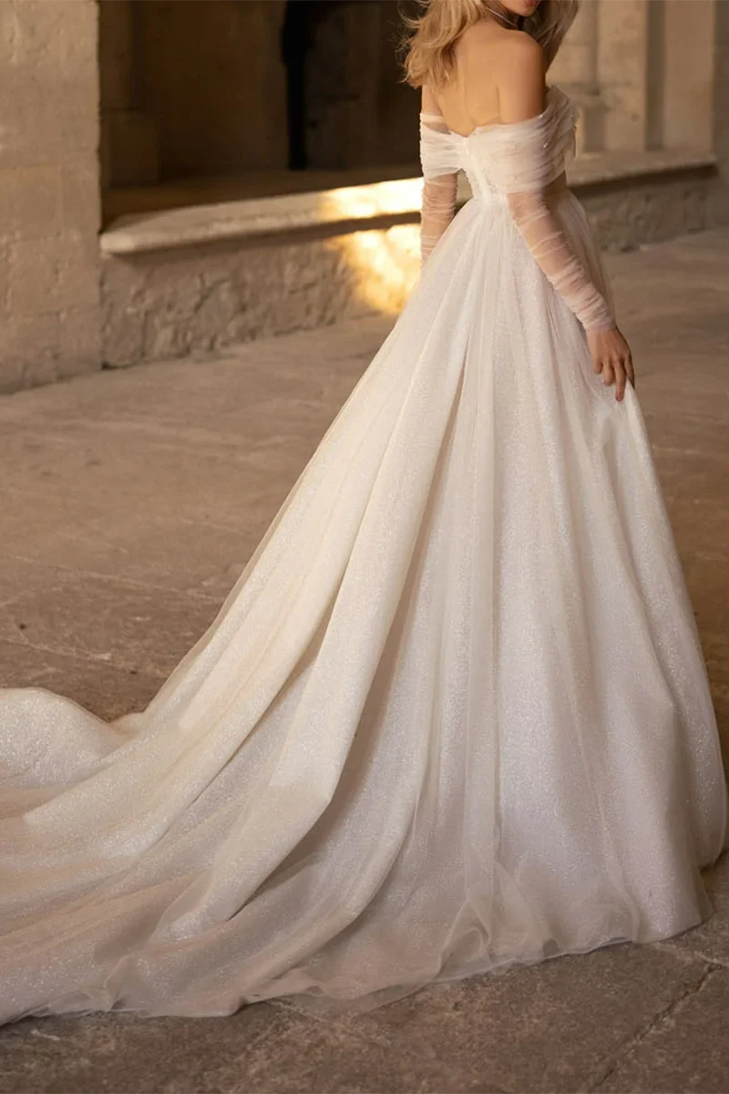Romantic A-Line Sweetheart Off-Shoulder Open-Back Train-Length Wedding Dress