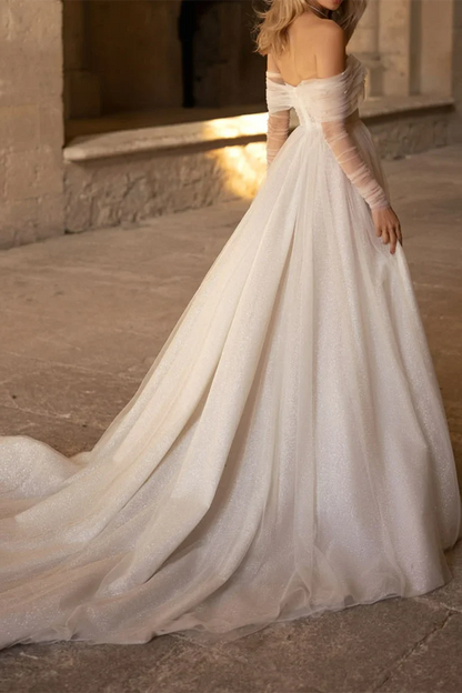 Romantic A-Line Sweetheart Off-Shoulder Open-Back Train-Length Wedding Dress