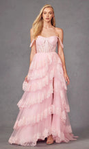 Romantic A-Line Sweetheart Off-The-Shoulder Lace-Up-Back High-Slit Floor-Length Prom Dress