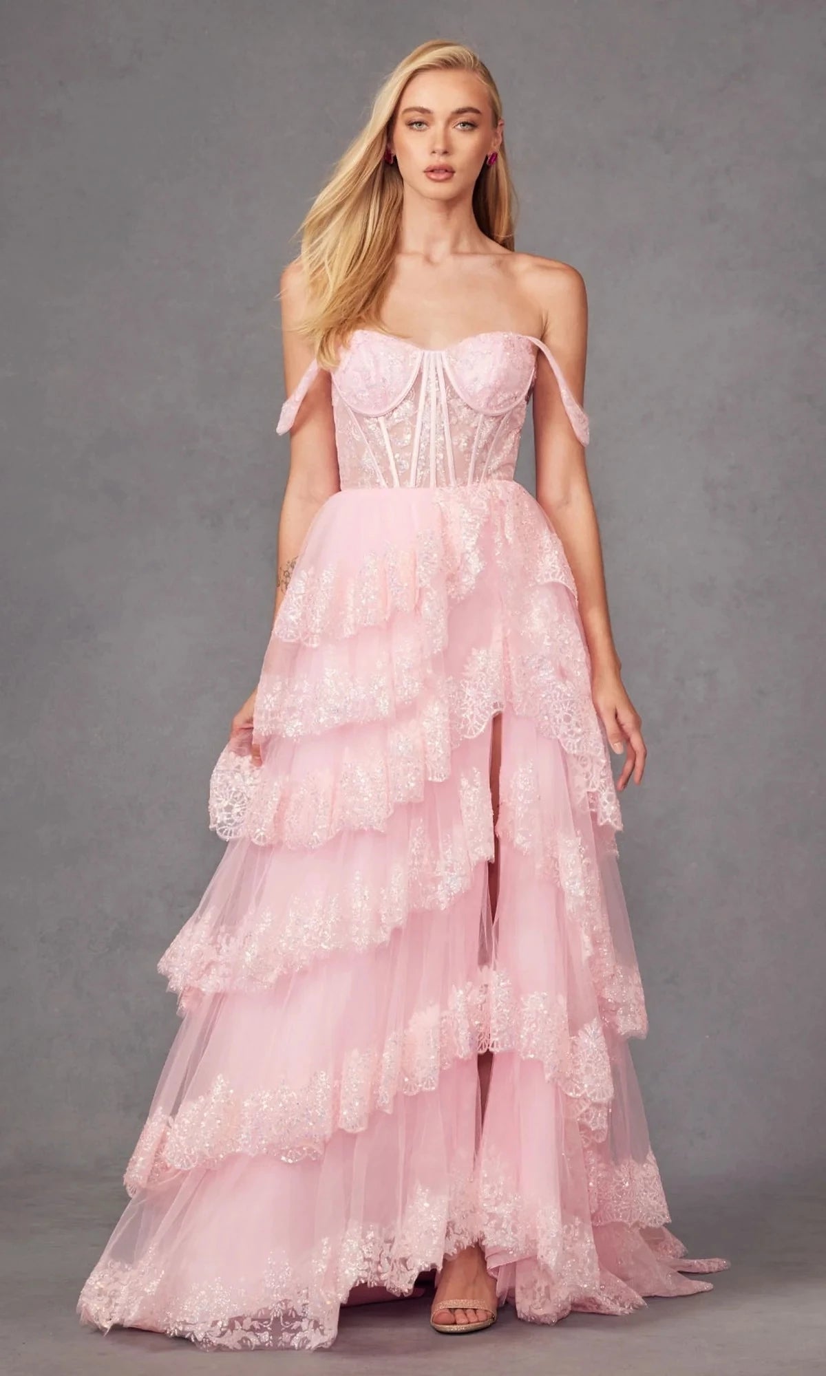 Romantic A-Line Sweetheart Off-The-Shoulder Lace-Up-Back High-Slit Floor-Length Prom Dress
