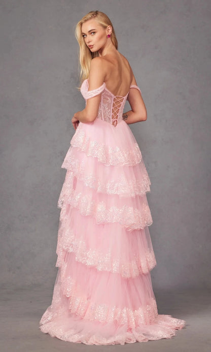 Romantic A-Line Sweetheart Off-The-Shoulder Lace-Up-Back High-Slit Floor-Length Prom Dress