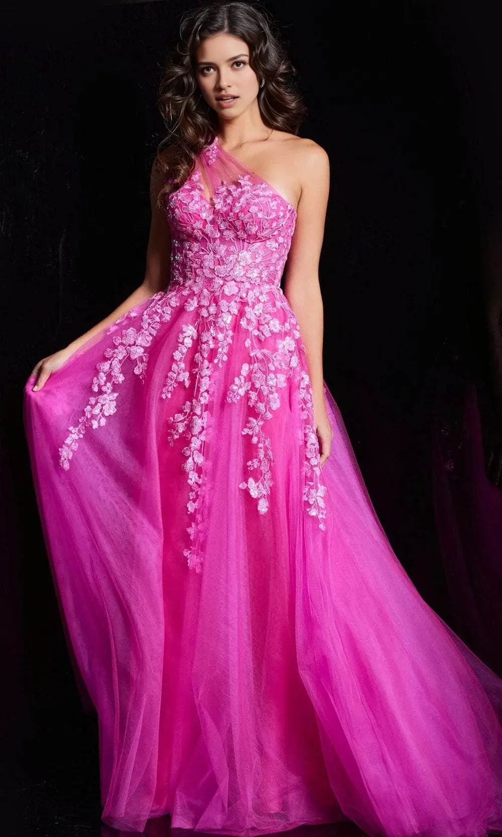 Romantic A-Line Sweetheart One Shoulder Open Back Train Length Prom Dress