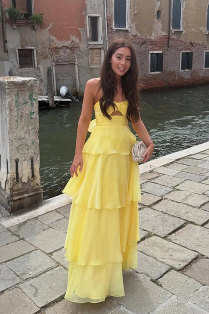 Romantic A-Line Sweetheart Spaghetti-Strap Open-Back Cutout Tiered-Ruffle Maxi Evening Dress