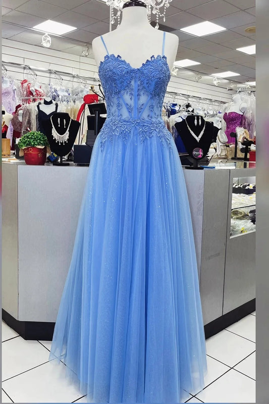 Romantic A-Line Sweetheart Spaghetti Straps Lace Up Back Floor-Length Sky Blue Lace Tulle Evening Dresses