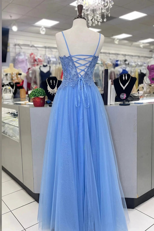 Romantic A-Line Sweetheart Spaghetti Straps Lace Up Back Floor-Length Sky Blue Lace Tulle Evening Dresses