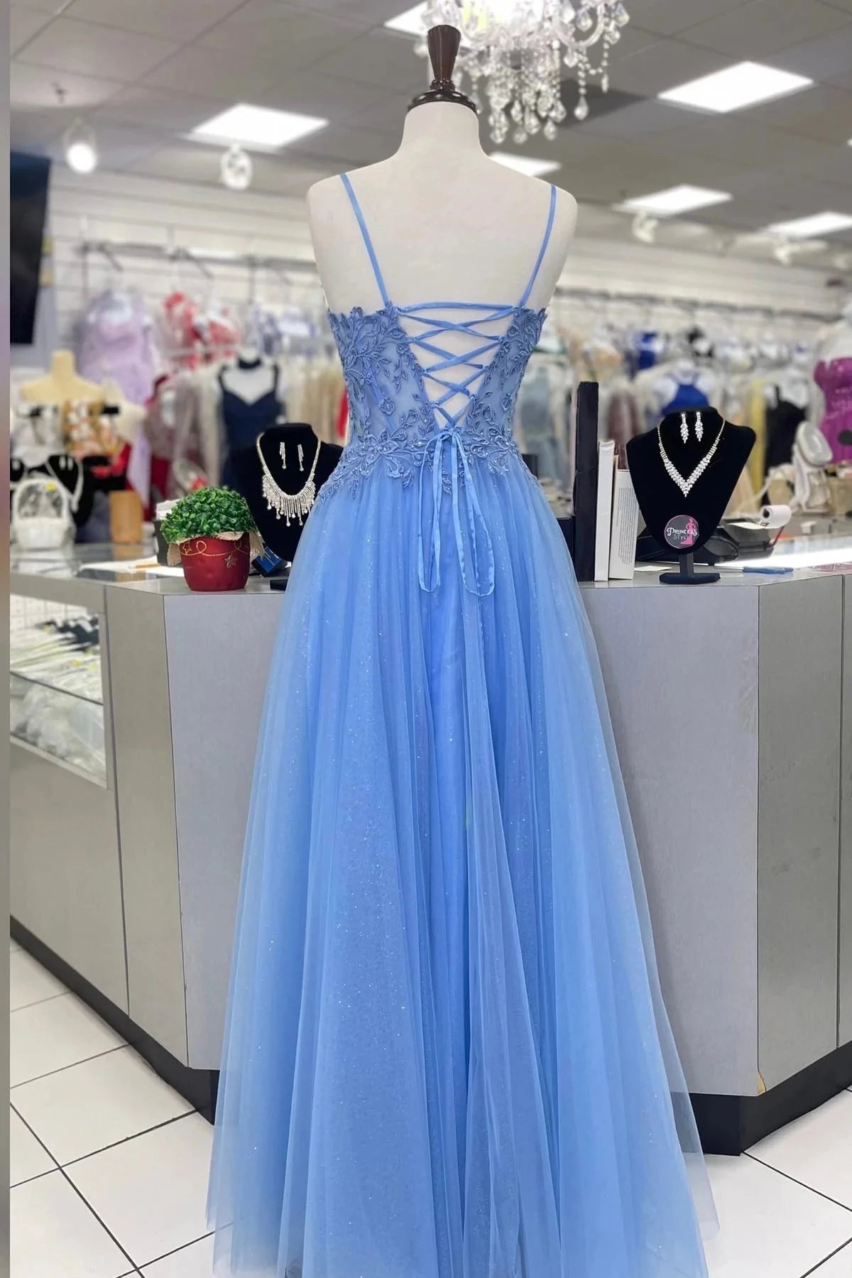 Romantic A-Line Sweetheart Spaghetti Straps Lace Up Back Floor-Length Sky Blue Lace Tulle Evening Dresses