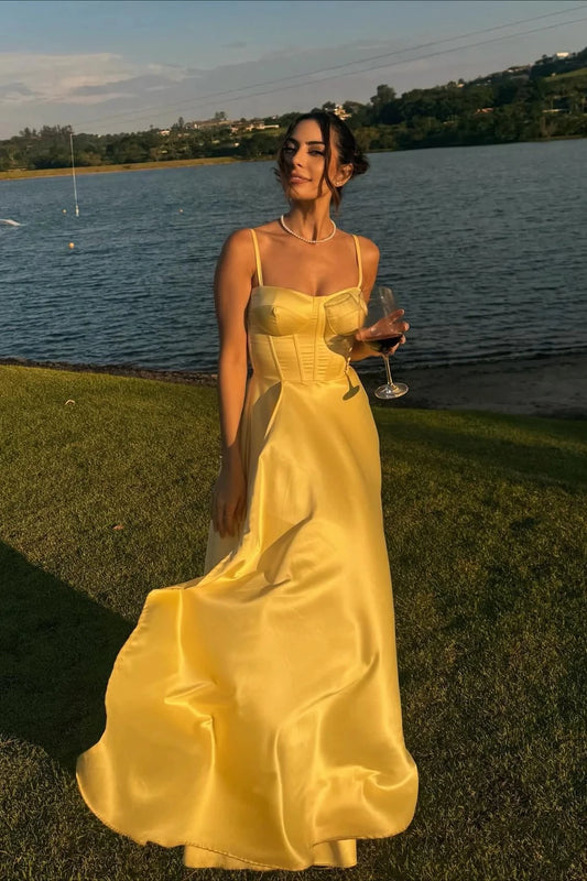 Romantic A-Line Sweetheart Spaghetti Straps Lace Up Back Floor-Length Yellow Satin Evening Dresses