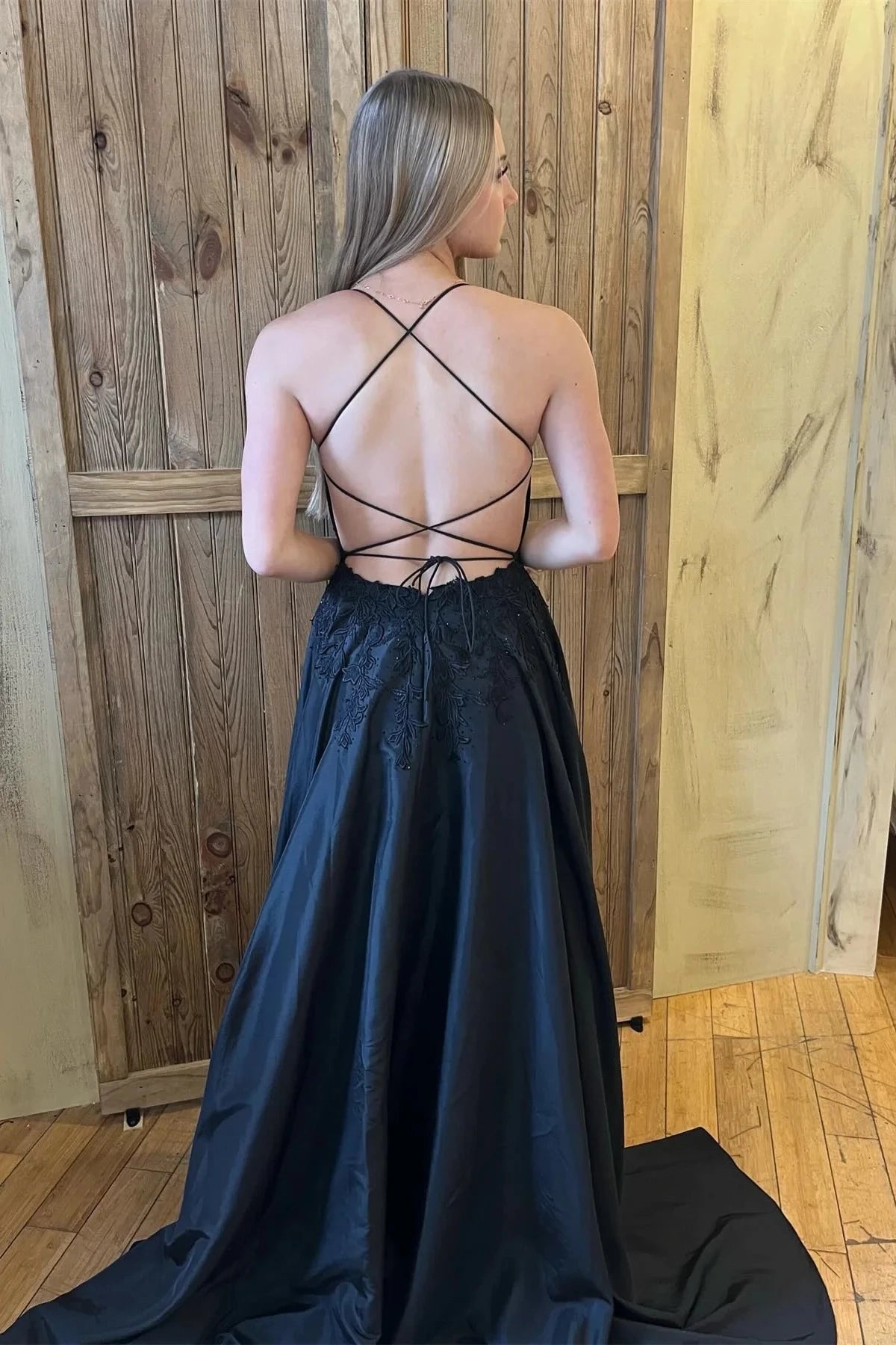 Romantic A-Line Sweetheart Spaghetti Straps Lace Up Back Sweep Train Black Lace Satin Evening Dresses
