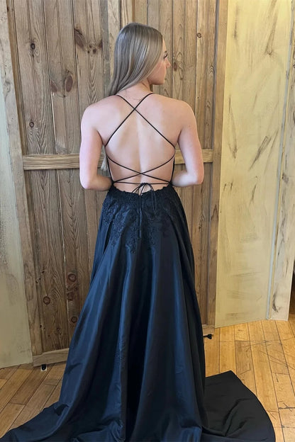 Romantic A-Line Sweetheart Spaghetti Straps Lace Up Back Sweep Train Black Lace Satin Evening Dresses