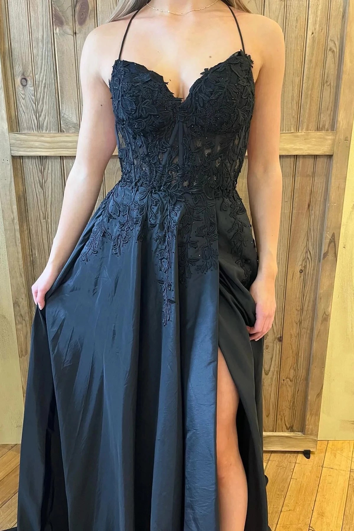 Romantic A-Line Sweetheart Spaghetti Straps Lace Up Back Sweep Train Black Lace Satin Evening Dresses